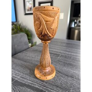 Vintage Hand-Carved Wooden Goblet / Chalice Leaf Pattern Rustic Boho Decor